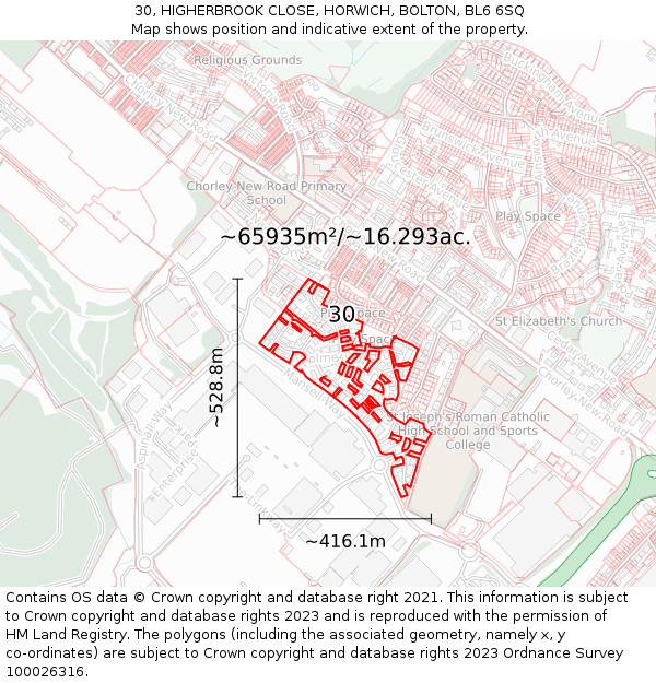 30, HIGHERBROOK CLOSE, HORWICH, BOLTON, BL6 6SQ: Plot and title map