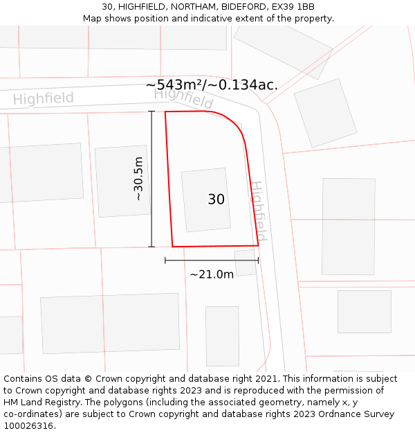 30, HIGHFIELD, NORTHAM, BIDEFORD, EX39 1BB: Plot and title map