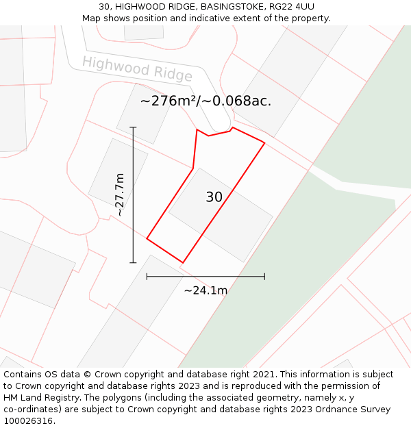 30, HIGHWOOD RIDGE, BASINGSTOKE, RG22 4UU: Plot and title map