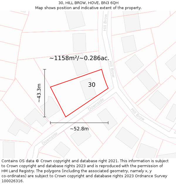 30, HILL BROW, HOVE, BN3 6QH: Plot and title map