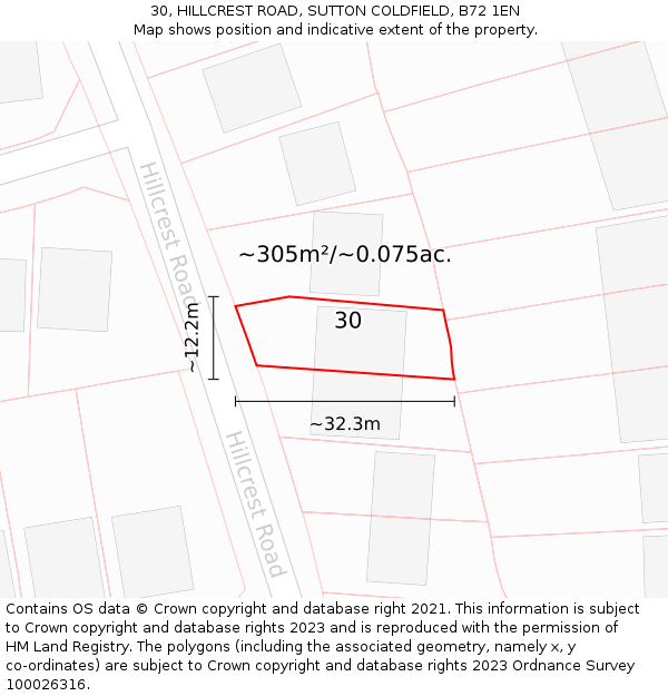 30, HILLCREST ROAD, SUTTON COLDFIELD, B72 1EN: Plot and title map