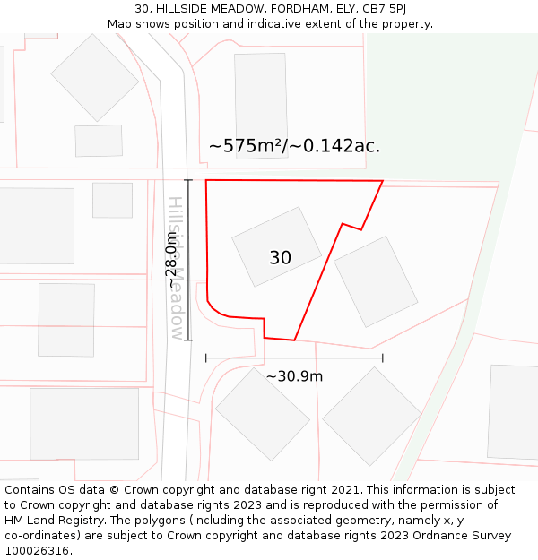 30, HILLSIDE MEADOW, FORDHAM, ELY, CB7 5PJ: Plot and title map