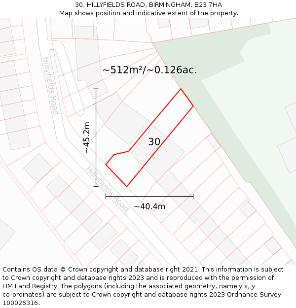 30, HILLYFIELDS ROAD, BIRMINGHAM, B23 7HA: Plot and title map