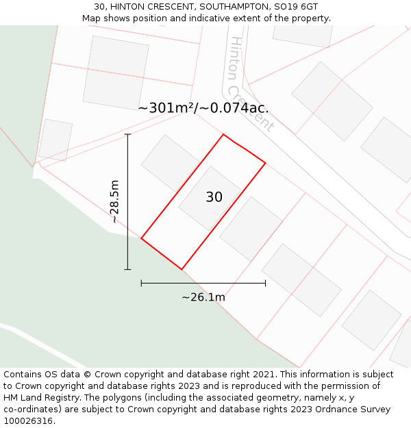 30, HINTON CRESCENT, SOUTHAMPTON, SO19 6GT: Plot and title map