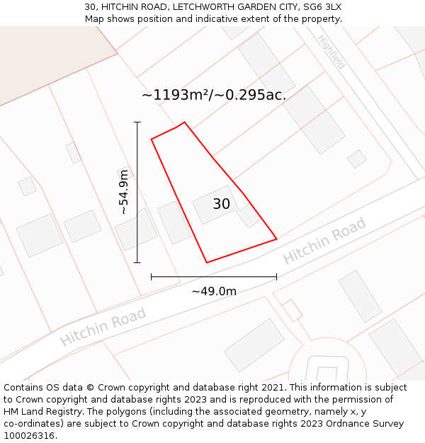 30, HITCHIN ROAD, LETCHWORTH GARDEN CITY, SG6 3LX: Plot and title map