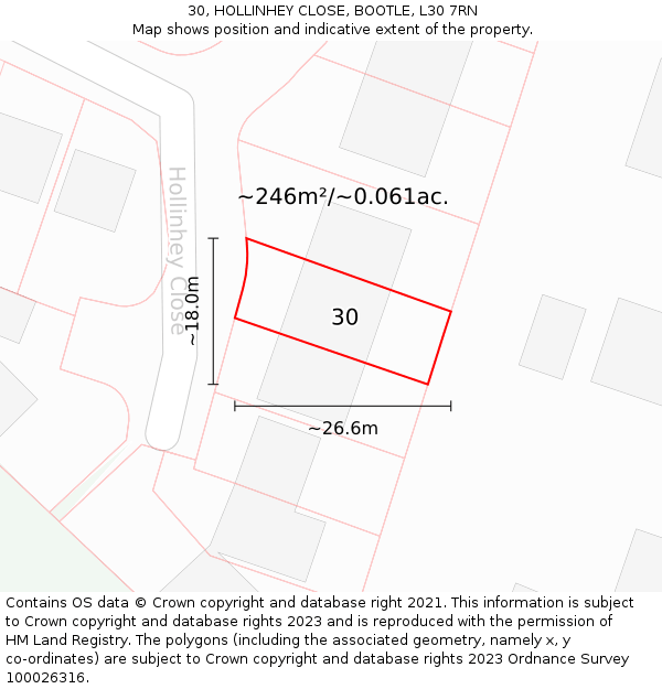 30, HOLLINHEY CLOSE, BOOTLE, L30 7RN: Plot and title map