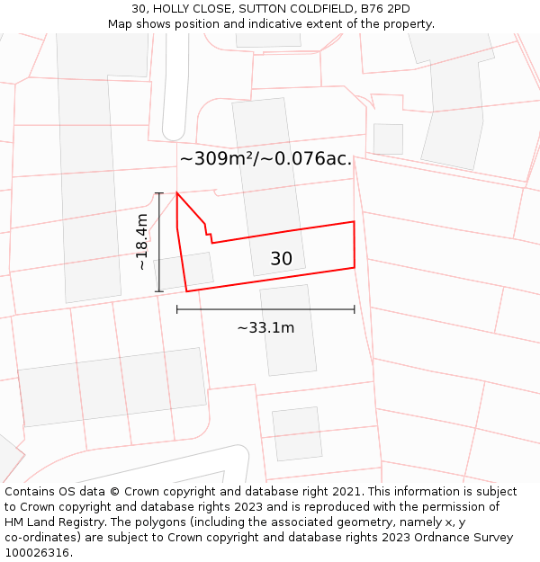 30, HOLLY CLOSE, SUTTON COLDFIELD, B76 2PD: Plot and title map