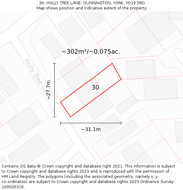 30, HOLLY TREE LANE, DUNNINGTON, YORK, YO19 5RD: Plot and title map