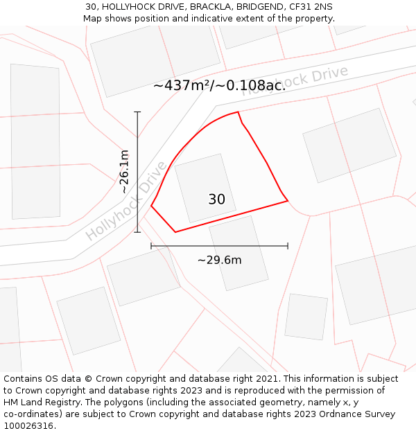 30, HOLLYHOCK DRIVE, BRACKLA, BRIDGEND, CF31 2NS: Plot and title map