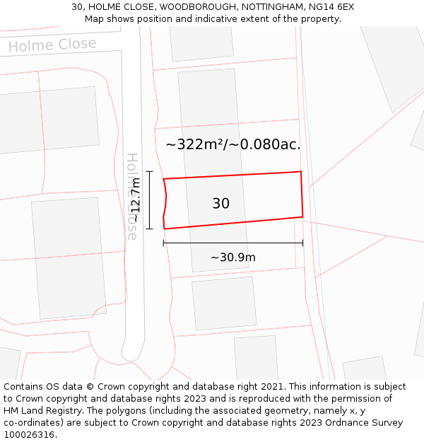 30, HOLME CLOSE, WOODBOROUGH, NOTTINGHAM, NG14 6EX: Plot and title map