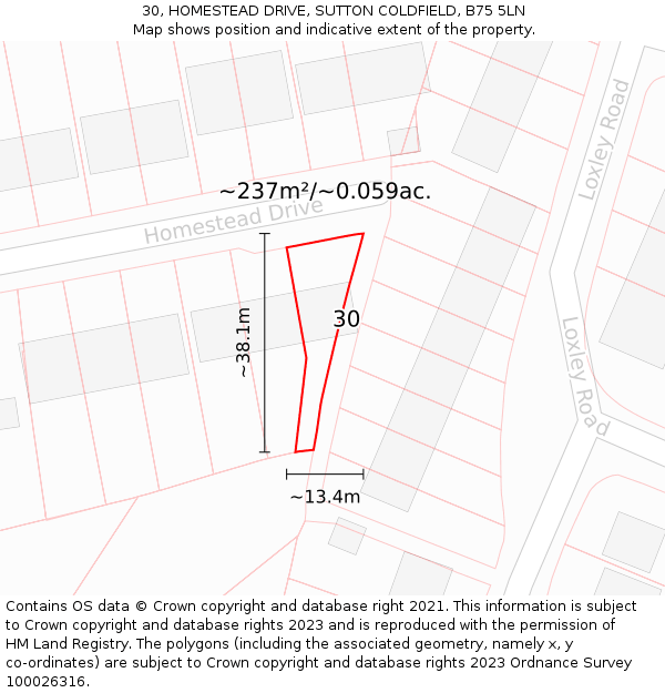 30, HOMESTEAD DRIVE, SUTTON COLDFIELD, B75 5LN: Plot and title map