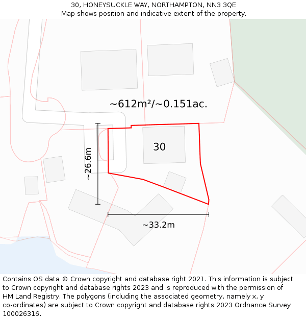 30, HONEYSUCKLE WAY, NORTHAMPTON, NN3 3QE: Plot and title map