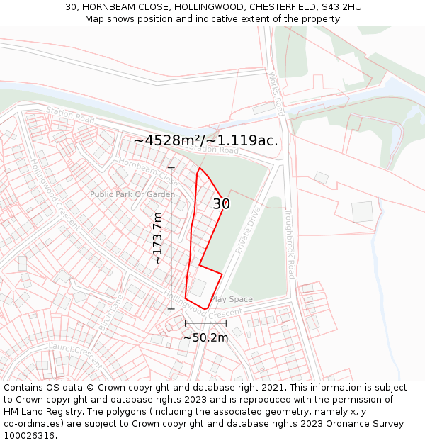 30, HORNBEAM CLOSE, HOLLINGWOOD, CHESTERFIELD, S43 2HU: Plot and title map