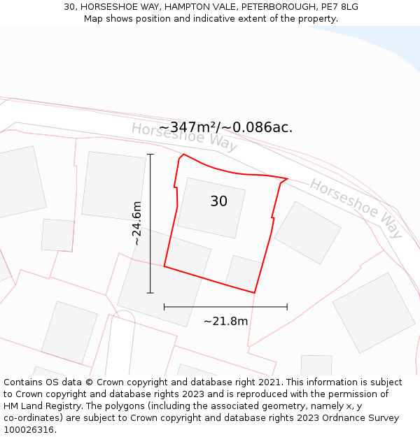 30, HORSESHOE WAY, HAMPTON VALE, PETERBOROUGH, PE7 8LG: Plot and title map