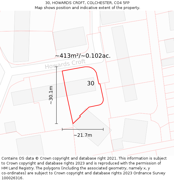 30, HOWARDS CROFT, COLCHESTER, CO4 5FP: Plot and title map