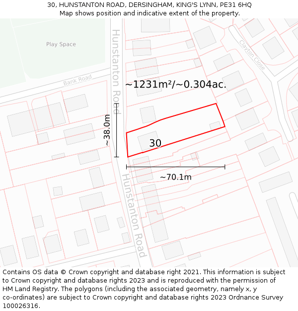 30, HUNSTANTON ROAD, DERSINGHAM, KING'S LYNN, PE31 6HQ: Plot and title map