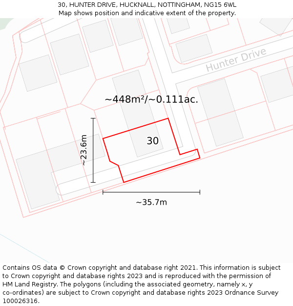 30, HUNTER DRIVE, HUCKNALL, NOTTINGHAM, NG15 6WL: Plot and title map
