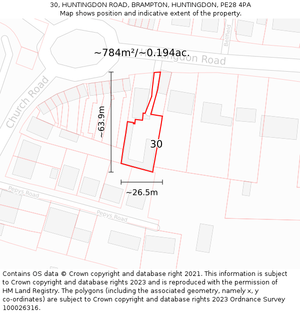 30, HUNTINGDON ROAD, BRAMPTON, HUNTINGDON, PE28 4PA: Plot and title map