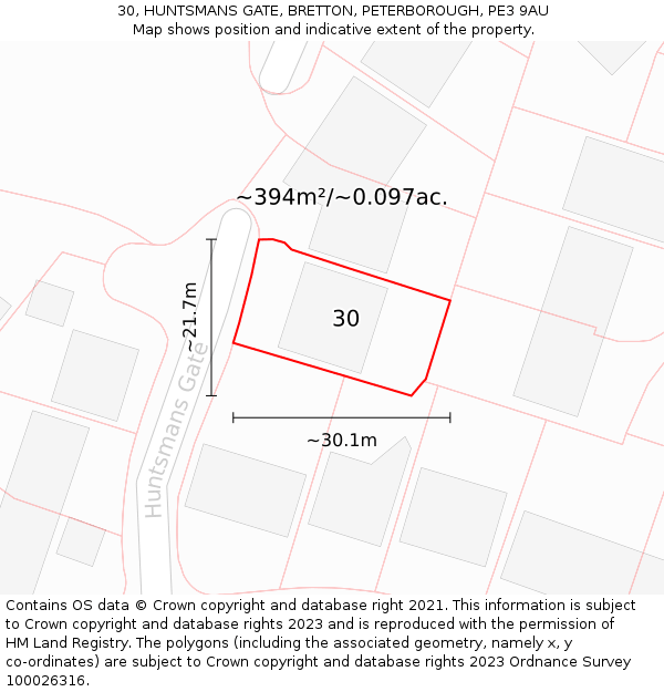 30, HUNTSMANS GATE, BRETTON, PETERBOROUGH, PE3 9AU: Plot and title map