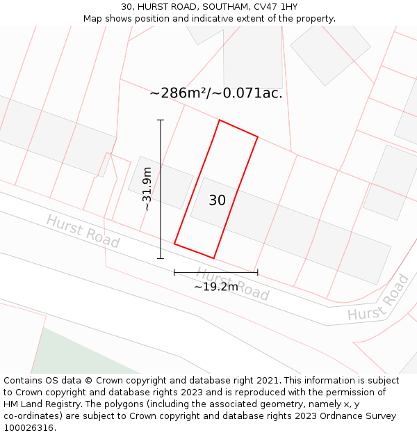 30, HURST ROAD, SOUTHAM, CV47 1HY: Plot and title map