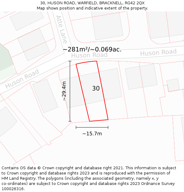 30, HUSON ROAD, WARFIELD, BRACKNELL, RG42 2QX: Plot and title map