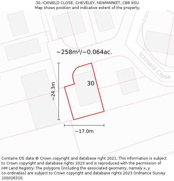 30, ICKNIELD CLOSE, CHEVELEY, NEWMARKET, CB8 9SU: Plot and title map