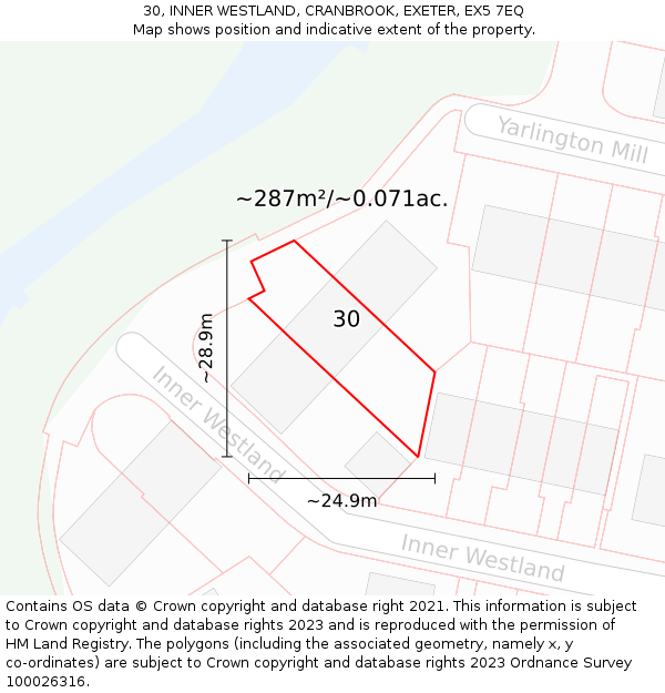30, INNER WESTLAND, CRANBROOK, EXETER, EX5 7EQ: Plot and title map
