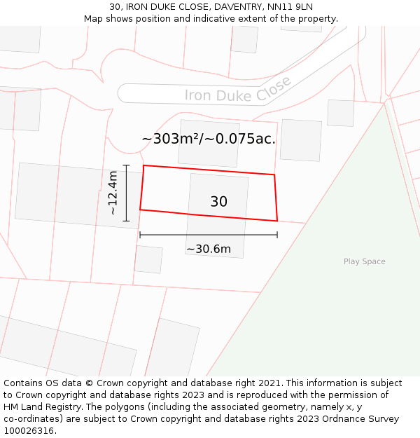 30, IRON DUKE CLOSE, DAVENTRY, NN11 9LN: Plot and title map