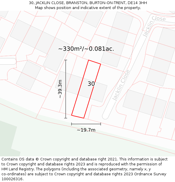 30, JACKLIN CLOSE, BRANSTON, BURTON-ON-TRENT, DE14 3HH: Plot and title map