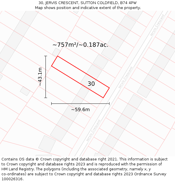 30, JERVIS CRESCENT, SUTTON COLDFIELD, B74 4PW: Plot and title map