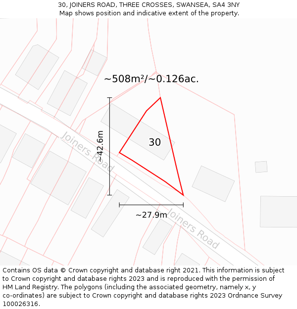 30, JOINERS ROAD, THREE CROSSES, SWANSEA, SA4 3NY: Plot and title map