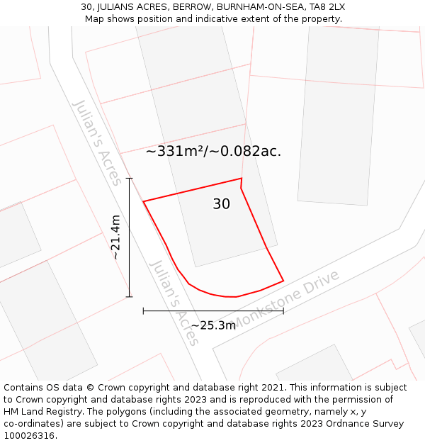 30, JULIANS ACRES, BERROW, BURNHAM-ON-SEA, TA8 2LX: Plot and title map