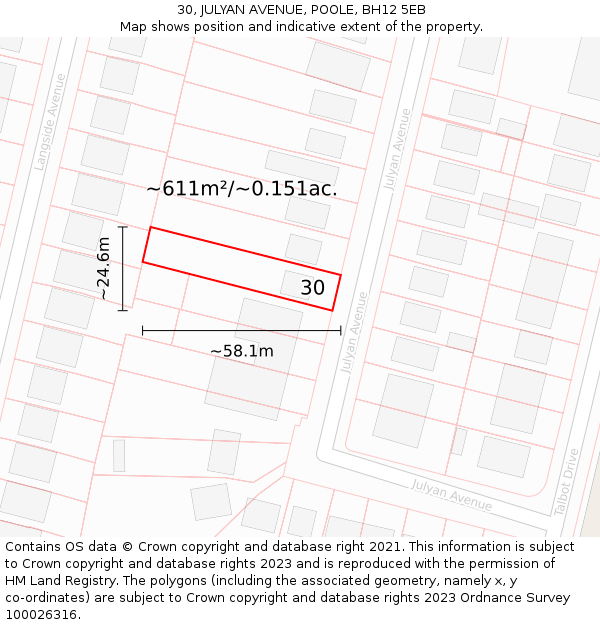 30, JULYAN AVENUE, POOLE, BH12 5EB: Plot and title map
