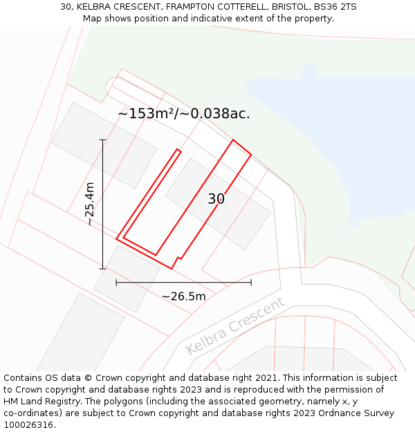 30, KELBRA CRESCENT, FRAMPTON COTTERELL, BRISTOL, BS36 2TS: Plot and title map