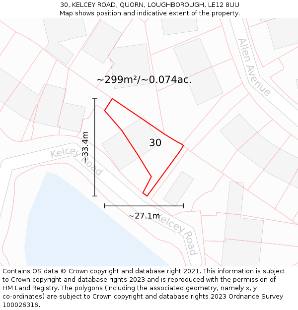 30, KELCEY ROAD, QUORN, LOUGHBOROUGH, LE12 8UU: Plot and title map