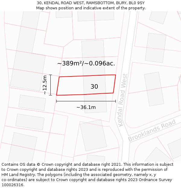 30, KENDAL ROAD WEST, RAMSBOTTOM, BURY, BL0 9SY: Plot and title map