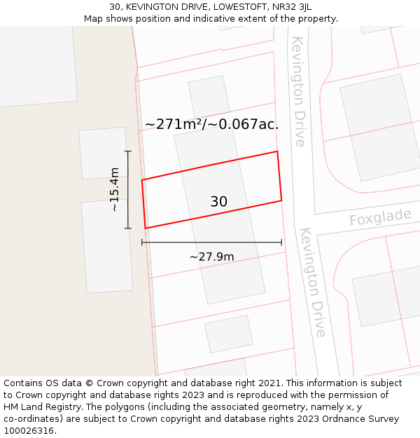 30, KEVINGTON DRIVE, LOWESTOFT, NR32 3JL: Plot and title map
