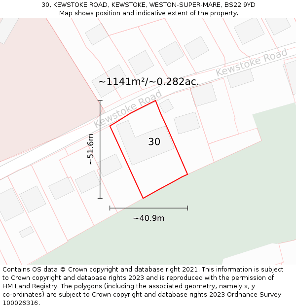 30, KEWSTOKE ROAD, KEWSTOKE, WESTON-SUPER-MARE, BS22 9YD: Plot and title map