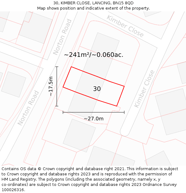 30, KIMBER CLOSE, LANCING, BN15 8QD: Plot and title map