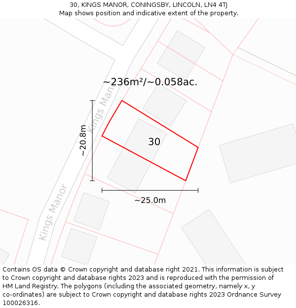 30, KINGS MANOR, CONINGSBY, LINCOLN, LN4 4TJ: Plot and title map