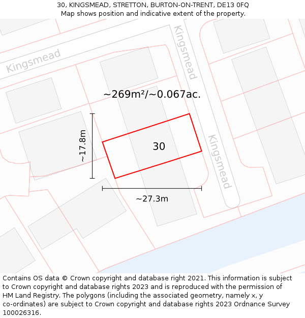 30, KINGSMEAD, STRETTON, BURTON-ON-TRENT, DE13 0FQ: Plot and title map