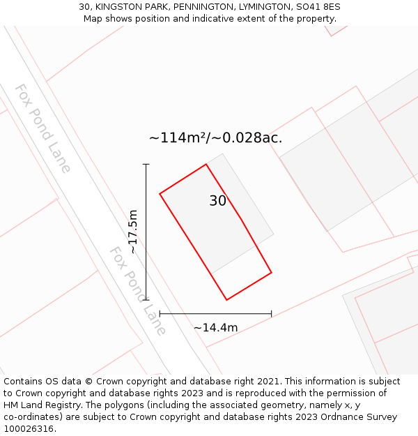 30, KINGSTON PARK, PENNINGTON, LYMINGTON, SO41 8ES: Plot and title map