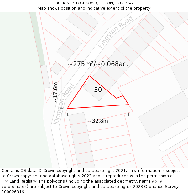 30, KINGSTON ROAD, LUTON, LU2 7SA: Plot and title map