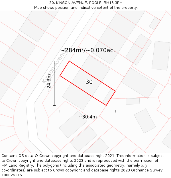 30, KINSON AVENUE, POOLE, BH15 3PH: Plot and title map