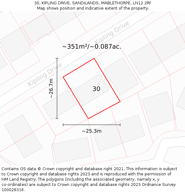 30, KIPLING DRIVE, SANDILANDS, MABLETHORPE, LN12 2RF: Plot and title map