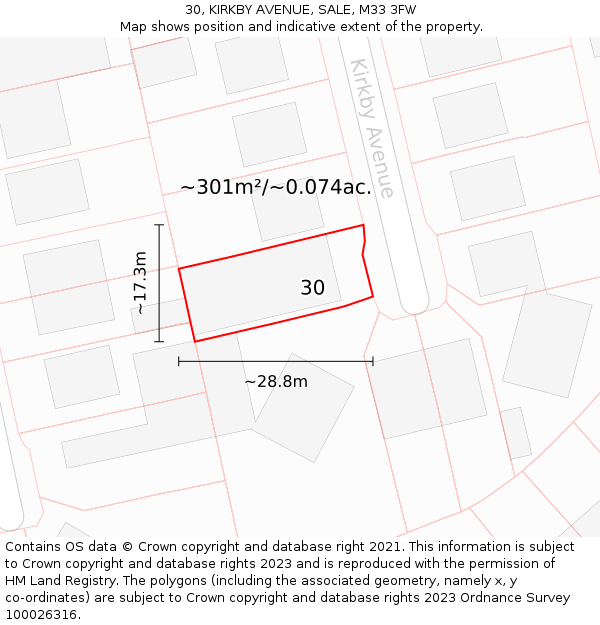 30, KIRKBY AVENUE, SALE, M33 3FW: Plot and title map