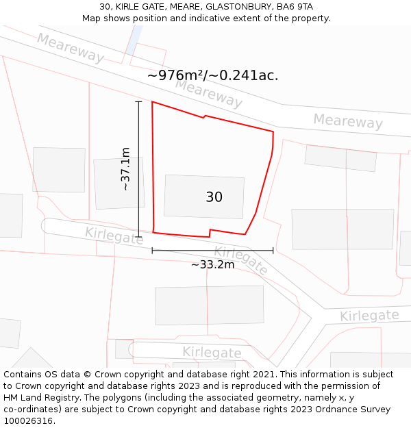 30, KIRLE GATE, MEARE, GLASTONBURY, BA6 9TA: Plot and title map