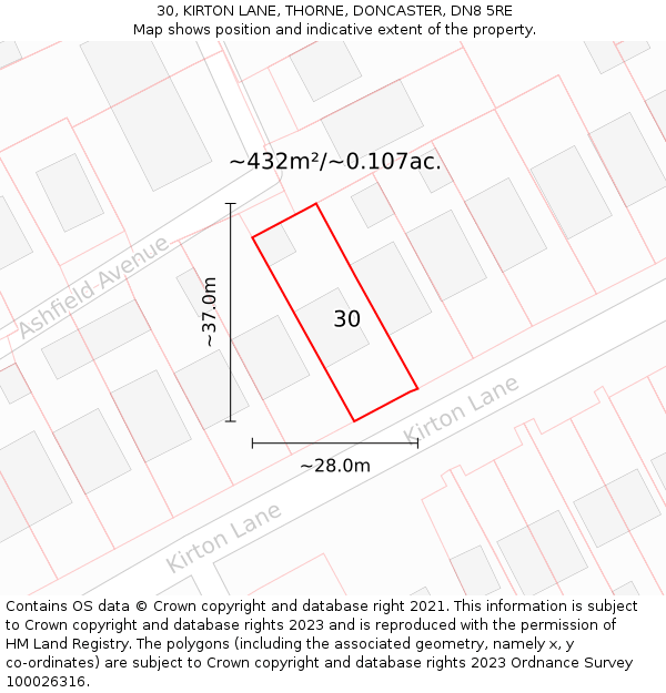 30, KIRTON LANE, THORNE, DONCASTER, DN8 5RE: Plot and title map