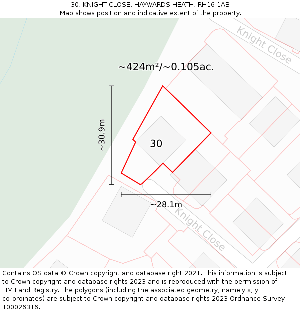 30, KNIGHT CLOSE, HAYWARDS HEATH, RH16 1AB: Plot and title map