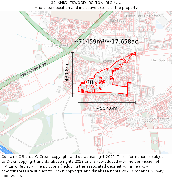 30, KNIGHTSWOOD, BOLTON, BL3 4UU: Plot and title map